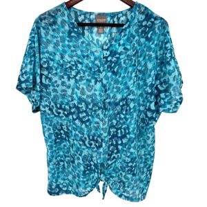 Chicos Sz 3 XL Blue Leopard Short Sleeve Blouse Shirt Top
